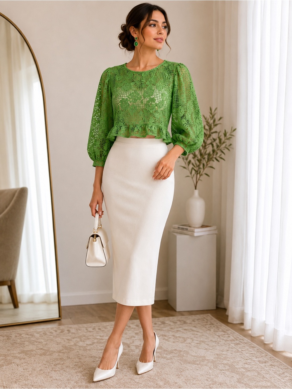 Future Collective Green Lace Puff Sleeve Crop Top